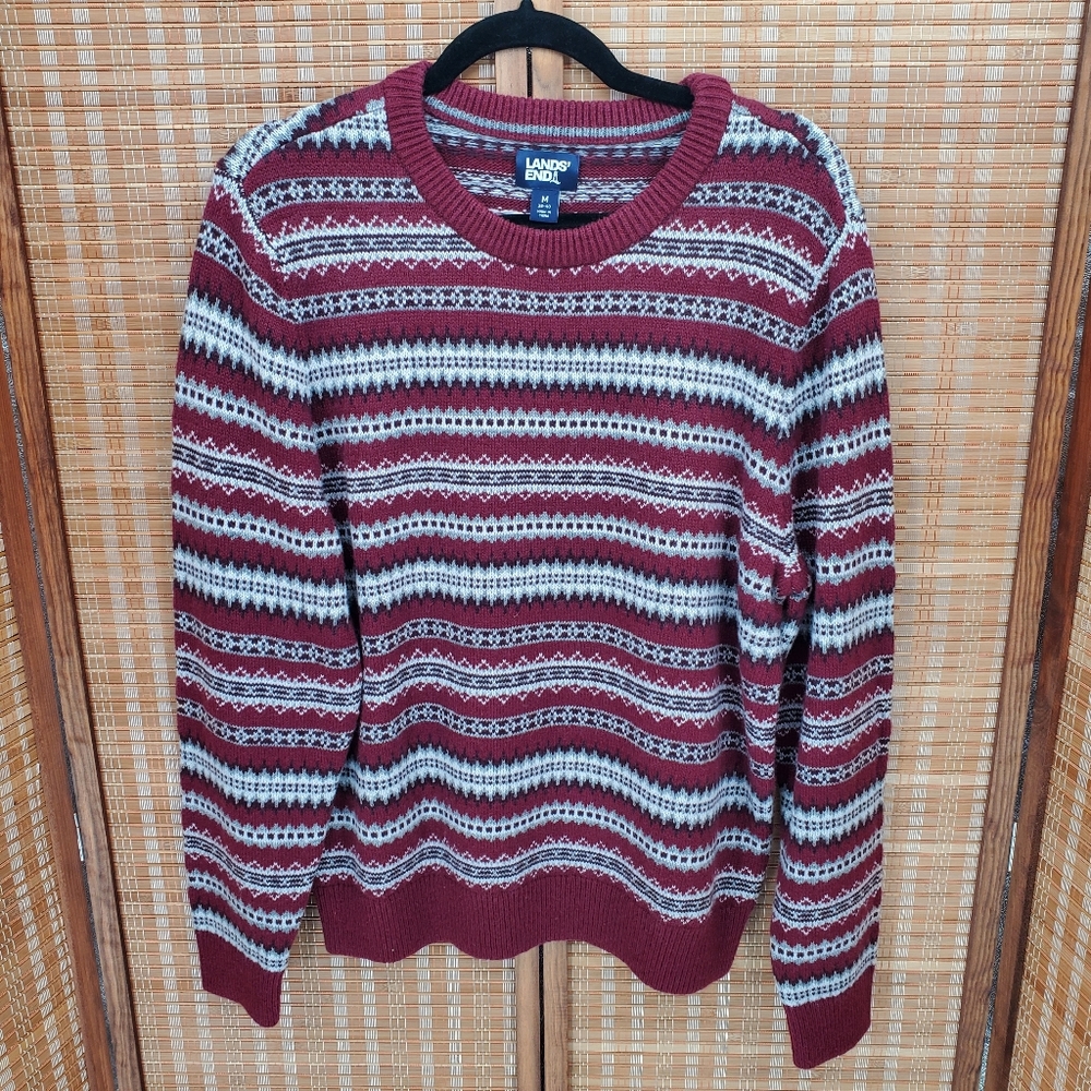 ♧ Lands End Snowflake Wool Blend Crewneck Sweater Size Medium Burgundy Stripe